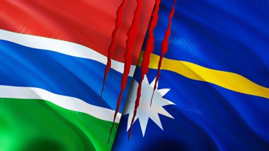 Gambiya ve Nauru yara izi olan bayraklar. Dalgalanan bayrak, 3 boyutlu görüntüleme. Gambiya ve Nauru çatışma konsepti. Gambiya Nauru ilişkileri kavramı. Gambiya bayrağı ve Nauru krizi, savaş, saldırı konsepti