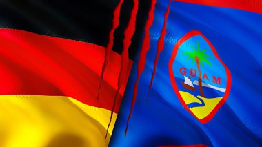 Yara izi olan Almanya ve Guam bayrakları. Dalgalanan bayrak, 3 boyutlu görüntüleme. Almanya ve Guam çatışma konsepti. Almanya Guam ilişkileri kavramı. Alman bayrağı ve Guam krizi, savaş, saldırı konsepti