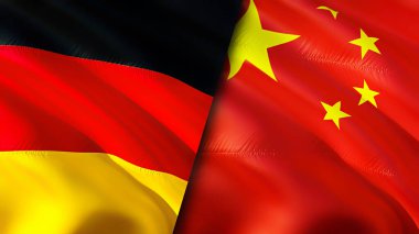 Almanya ve Çin bayrakları. 3 boyutlu dalgalanan bayrak tasarımı. Almanya bayrağı, resim, duvar kağıdı. Almanya Çin 'e karşı, görüntü 3 boyutlu. Almanya Çin ilişkileri ittifak ve ticaret, seyahat, turizm konsepti