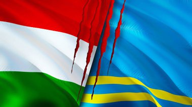 Yara izi olan Macaristan ve Aruba bayrakları. Dalgalanan bayrak, 3 boyutlu görüntüleme. Macaristan ve Aruba çatışma konsepti. Macaristan Aruba ilişkileri kavramı. Macaristan bayrağı ve Aruba krizi, savaş, saldırı konsepti