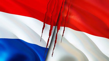 Hollanda ve Endonezya yara izi olan bayraklar. Dalgalanan bayrak, 3 boyutlu görüntüleme. Hollanda ve Endonezya çatışma konsepti. Hollanda Endonezya ilişkileri kavramı. Hollanda ve Endonesi bayrağı