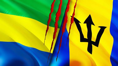 Gabon ve Barbados yara izi olan bayraklar. Dalgalanan bayrak, 3 boyutlu görüntüleme. Gabon ve Barbados çatışma konsepti. Gabon Barbados ilişkileri kavramı. Gabon ve Barbados bayrağı krizi, savaş, saldırı konsepti