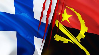 Yara izi olan Finlandiya ve Angola bayrakları. Dalgalanan bayrak, 3 boyutlu görüntüleme. Finlandiya ve Angola çatışma konsepti. Finlandiya Angola ilişkileri kavramı. Finlandiya bayrağı ve Angola krizi, savaş, saldırı konsepti