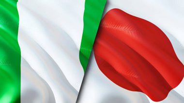 Nijerya ve Japonya bayrakları. 3 boyutlu dalgalanan bayrak tasarımı. Nijerya Japonya bayrağı, resim, duvar kağıdı. Nijerya, Japonya imajına karşı, 3D görüntüleme. Nijerya Japonya ilişkileri ittifak ve ticaret, seyahat, turizm konsepti