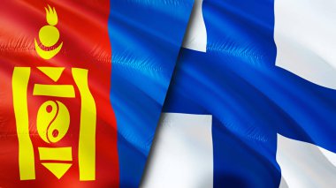 Moğolistan ve Finlandiya bayrakları. 3 boyutlu dalgalanan bayrak tasarımı. Moğolistan Finlandiya bayrağı, resim, duvar kağıdı. Moğolistan, Finlandiya 'ya karşı imaj, 3D canlandırma. Moğolistan Finlandiya ilişkileri ittifak ve ticaret, seyahat, turnuva