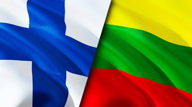 Finlandiya ve Litvanya bayrakları. 3 boyutlu dalgalanan bayrak tasarımı. Finlandiya Litvanya bayrağı, resim, duvar kağıdı. Finlandiya, Litvanya 'ya karşı, görüntü 3 boyutlu. Finlandiya Litvanya ilişkileri ittifak ve ticaret, seyahat, turnuva