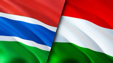 Gambiya ve Macaristan bayrakları. 3 boyutlu dalgalanan bayrak tasarımı. Gambiya Macaristan bayrağı, resim, duvar kağıdı. Gambiya Macaristan 'a karşı, görüntü 3 boyutlu. Gambiya Macaristan ilişkileri ittifak ve ticaret, seyahat, turizm konsepti