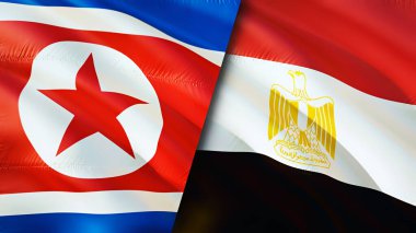 Kuzey Kore ve Mısır bayrakları. 3 boyutlu dalgalanan bayrak tasarımı. Kuzey Kore Mısır bayrağı, resim, duvar kağıdı. Kuzey Kore, Mısır 'a karşı, görüntü 3 boyutlu. Kuzey Kore Mısır ilişkileri ittifak ve ticaret, seyahat, turnuva