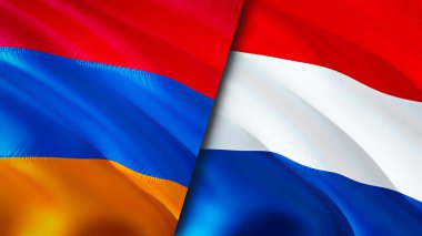 Ermenistan ve Hollanda bayrakları. 3 boyutlu dalgalanan bayrak tasarımı. Ermenistan Hollanda bayrağı, resim, duvar kağıdı. Ermenistan Hollanda 'ya karşı, görüntü 3 boyutlu. Ermenistan Hollanda ilişkileri ve