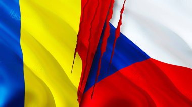 Romanya ve Çek bayrakları yara izi kavramına sahip. Dalgalanan bayrak, 3 boyutlu görüntüleme. Romanya ve Çek ihtilafı kavramı. Romanya Çek İlişkileri konsepti. Romanya bayrağı ve Çek krizi, savaş, saldırı konsepti