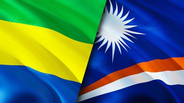 Gabon ve Marshall Adaları bayrakları. 3 boyutlu dalgalanan bayrak tasarımı. Gabon Marshall Adaları bayrağı, resim, duvar kağıdı. Gabon, Marshall Adaları 'na karşı. Görüntü 3 boyutlu. Gabon Marshall Adaları İlişkiler Birliği