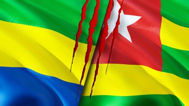 Gabon ve Togo yara izi olan bayraklar. Dalgalanan bayrak, 3 boyutlu görüntüleme. Gabon ve Togo çatışma konsepti. Gabon Togo ilişkileri kavramı. Gabon ve Togo bayrağı krizi, savaş, saldırı konsepti