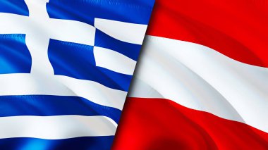 Yunanistan ve Avusturya bayrakları. 3 boyutlu dalgalanan bayrak tasarımı. Yunanistan Avusturya bayrağı, resim, duvar kağıdı. Yunanistan Avusturya 'ya karşı, görüntü 3 boyutlu. Yunanistan Avusturya ilişkileri ittifak ve Ticaret, seyahat ve turizm kavramları