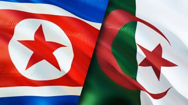 Kuzey Kore ve Cezayir bayrakları. 3 boyutlu dalgalanan bayrak tasarımı. Kuzey Kore Cezayir bayrağı, resim, duvar kağıdı. Kuzey Kore Cezayir 'e karşı, görüntü 3 boyutlu. Kuzey Kore Cezayir ilişkileri