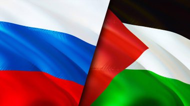 Rusya ve Filistin bayrakları. 3 boyutlu dalgalanan bayrak tasarımı. Rusya Filistin bayrağı, resim, duvar kağıdı. Rusya Filistin 'e karşı, görüntü 3 boyutlu. Rusya Filistin ilişkileri ittifak ve ticaret, seyahat, turnuva
