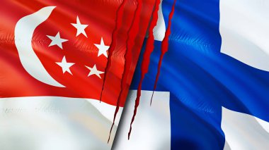 Singapur ve Finlandiya 'da yara izi konsepti var. Dalgalanan bayrak, 3 boyutlu görüntüleme. Singapur ve Finlandiya çatışma konsepti. Singapur-Finlandiya ilişkileri kavramı. Singapur bayrağı ve Finlandiya krizi, savaş, attac