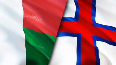 Madagaskar ve Faroe Adaları bayrakları. 3 boyutlu dalgalanan bayrak tasarımı. Madagaskar Faroe Adaları bayrağı, resim, duvar kağıdı. Madagaskar, Faroe Adaları 'na karşı. Görüntü 3D. Madagaskar Faroe Adaları ilişkisi