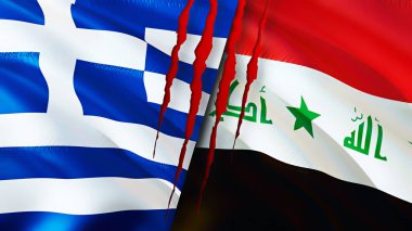 Yunanistan ve Irak yara izi kavramına sahip bayraklar. Dalgalanan bayrak, 3 boyutlu görüntüleme. Yunanistan ve Irak çatışma konsepti. Yunanistan Irak ilişkileri kavramı. Yunanistan bayrağı ve Irak krizi, savaş, saldırı konsepti