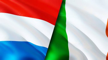 Lüksemburg ve İrlanda bayrakları. 3 boyutlu dalgalanan bayrak tasarımı. Lüksemburg İrlanda bayrağı, resim, duvar kağıdı. Lüksemburg, İrlanda imajına karşı, 3D görüntüleme. Lüksemburg İrlanda ilişkileri bir ittifak