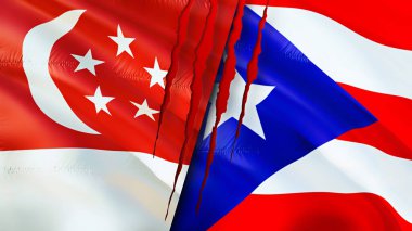 Singapur ve Porto Riko bayraklarında yara izi var. Dalgalanan bayrak, 3 boyutlu görüntüleme. Singapur ve Porto Riko çatışma konsepti. Singapur Porto Riko ilişkileri kavramı. Singapur ve Puerto Ric bayrağı
