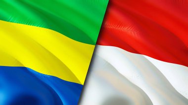 Gabon ve Endonezya bayrakları. 3 boyutlu dalgalanan bayrak tasarımı. Gabon Endonezya bayrağı, resim, duvar kağıdı. Gabon, Endonezya 'ya karşı. Görüntü 3 boyutlu. Gabon Endonezya ilişkileri ittifak ve ticaret, seyahat, turizm konsepti
