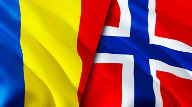 Romanya ve Norveç bayrakları. 3 boyutlu dalgalanan bayrak tasarımı. Romanya bayrağı, resim, duvar kağıdı. Romanya Norveç 'e karşı, görüntü 3 boyutlu. Romanya Norveç ilişkileri ittifak ve ticaret, seyahat ve turizm consepti