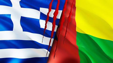 Yara izi olan Yunanistan ve Gine Bissau bayrakları. Dalgalanan bayrak, 3 boyutlu görüntüleme. Yunanistan ve Gine Bissau çatışma konsepti. Yunanistan Gine Bissau ilişkileri kavramı. Yunanistan ve Gine Bissa bayrağı