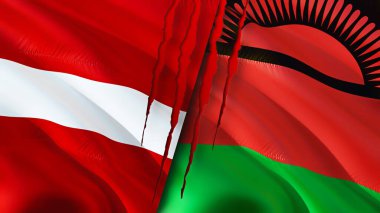 Letonya ve Malawi bayrakları yara izi konseptiyle. Dalgalanan bayrak, 3 boyutlu görüntüleme. Letonya ve Malavi çatışma konsepti. Letonya Malavi ilişkileri kavramı. Letonya bayrağı ve Malavi krizi, savaş, saldırı konsepti
