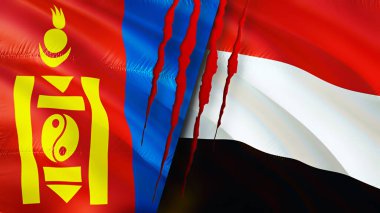 Yara izi olan Moğolistan ve Yemen bayrakları. Dalgalanan bayrak, 3 boyutlu görüntüleme. Moğolistan ve Yemen çatışma konsepti. Moğolistan Yemen ilişkileri kavramı. Moğolistan ve Yemen bayrağı kriz, savaş, saldırı konsepti
