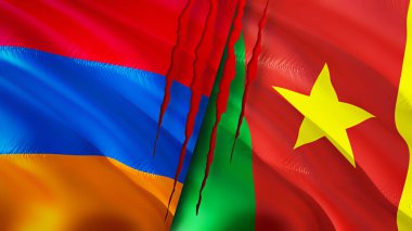 Yara izi olan Ermenistan ve Kamerun bayrakları. Dalgalanan bayrak, 3 boyutlu görüntüleme. Ermenistan ve Kamerun çatışma konsepti. Ermenistan Kamerun ilişkileri konsepti. Ermenistan bayrağı ve Kamerun krizi, savaş,