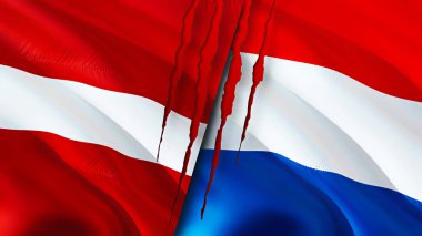 Letonya ve Hollanda yara izi olan bayraklar. Dalgalanan bayrak, 3 boyutlu görüntüleme. Letonya ve Hollanda çatışma konsepti. Letonya Hollanda ilişkileri kavramı. Letonya ve Hollanda bayrağı krizi, savaş