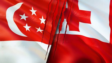 Yara izi olan Singapur ve Tonga bayrakları. Dalgalanan bayrak, 3 boyutlu görüntüleme. Singapur ve Tonga çatışma konsepti. Singapur Tonga ilişkileri kavramı. Singapur bayrağı ve Tonga krizi, savaş, saldırı konsepti