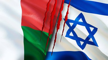 Madagaskar ve İsrail bayrakları yara izi konseptiyle. Dalgalanan bayrak, 3 boyutlu görüntüleme. Madagaskar ve İsrail çatışma konsepti. Madagaskar İsrail ilişkileri kavramı. Madagaskar bayrağı ve İsrail krizi, savaş, attac