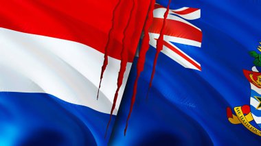 Hollanda ve Cayman Adaları yara izi olan bayraklar. Dalgalanan bayrak, 3 boyutlu görüntüleme. Hollanda ve Cayman Adaları çatışma konsepti. Hollanda Cayman Adaları ilişkileri kavramı. Hollanda bayrağı