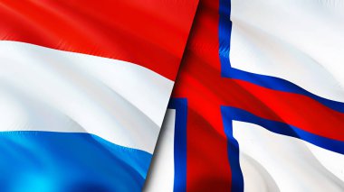 Lüksemburg ve Faroe Adaları bayrakları. 3 boyutlu dalgalanan bayrak tasarımı. Lüksemburg Faroe Adaları bayrağı, resim, duvar kağıdı. Lüksemburg, Faroe Adaları 'na karşı. Görüntü 3D. Lüksemburg Faroe Adaları ilişkisi