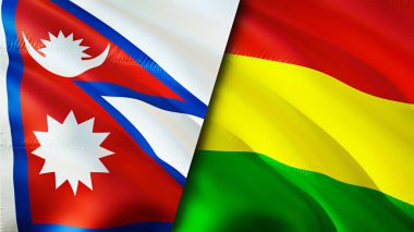 Nepal ve Bolivya bayrakları. 3 boyutlu dalgalanan bayrak tasarımı. Nepal Bolivya bayrağı, resim, duvar kağıdı. Nepal, Bolivya 'ya karşı, görüntü 3 boyutlu. Nepal Bolivya ilişkileri ittifak ve ticaret, seyahat, turizm konsepti