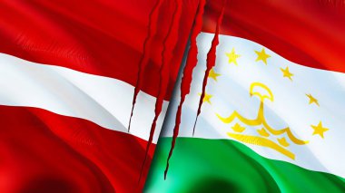 Letonya ve Tacikistan bayrakları ve yara izi konsepti. Dalgalanan bayrak, 3 boyutlu görüntüleme. Letonya ve Tacikistan çatışma konsepti. Letonya Tacikistan ilişkileri kavramı. Letonya ve Tacikistan bayrağı krizi, savaş, attac