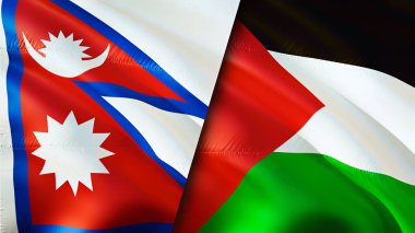 Nepal ve Filistin bayrakları. 3 boyutlu dalgalanan bayrak tasarımı. Nepal Filistin bayrağı, resim, duvar kağıdı. Nepal, Filistin 'e karşı, görüntü 3 boyutlu. Nepal Filistin ilişkileri ittifak ve ticaret, seyahat, turizm konsepti