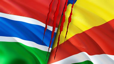 Gambiya ve Seyşeller yara izi olan bayraklar. Dalgalanan bayrak, 3 boyutlu görüntüleme. Gambiya ve Seyşeller çatışma konsepti. Gambiya Seyşeller ilişkileri kavramı. Gambiya ve Seyşeller bayrağı krizi, savaş, attac
