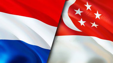 Hollanda ve Singapur bayrakları. 3 boyutlu dalgalanan bayrak tasarımı. Hollanda Singapur bayrağı, resim, duvar kağıdı. Hollanda, Singapur 'a karşı, görüntü 3 boyutlu. Hollanda Singapur ilişkileri ittifakı