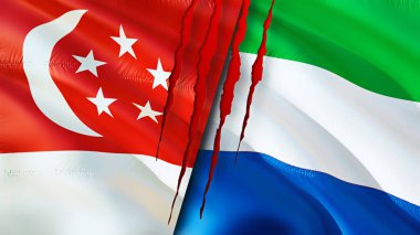 Singapur ve Sierra Leone yara izi olan bayraklar. Dalgalanan bayrak, 3 boyutlu görüntüleme. Singapur ve Sierra Leone çatışma konsepti. Singapur Sierra Leone ilişkileri kavramı. Singapur ve Sierr bayrağı