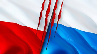 Yara izi olan Polonya ve San Marino bayrakları. Dalgalanan bayrak, 3 boyutlu görüntüleme. Polonya ve San Marino çatışma konsepti. Polonya San Marino ilişkileri kavramı. Polonya bayrağı ve San Marino krizi, savaş, attac