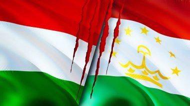 Yara izi olan Macaristan ve Tacikistan bayrakları. Dalgalanan bayrak, 3 boyutlu görüntüleme. Macaristan ve Tacikistan çatışma konsepti. Macaristan Tacikistan ilişkileri kavramı. Macaristan bayrağı ve Tacikistan krizi, savaş