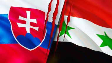 Yara izi olan Slovakya ve Suriye bayrakları. Dalgalanan bayrak, 3 boyutlu görüntüleme. Slovakya ve Suriye çatışma konsepti. Slovakya Suriye ilişkileri kavramı. Slovakya ve Suriye bayrağı krizi, savaş, saldırı konsepti