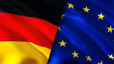 Almanya ve Avrupa Birliği bayrakları. 3 boyutlu dalgalanan bayrak tasarımı. Almanya Avrupa Birliği bayrağı, resim, duvar kağıdı. Almanya, Avrupa Birliği imajına karşı, 3D görüntüleme. Almanya Avrupa Birliği ilişkileri ittifakı