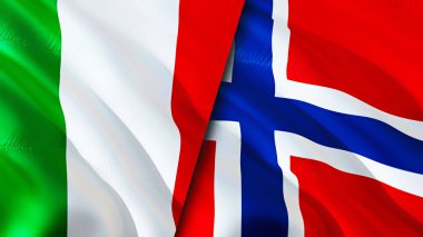 İtalya ve Norveç bayrakları. 3 boyutlu dalgalanan bayrak tasarımı. İtalya Norveç bayrağı, resim, duvar kağıdı. İtalya, Norveç 'e karşı, görüntü 3 boyutlu. İtalya Norveç ilişkileri ittifak ve ticaret, seyahat, turizm konsepti