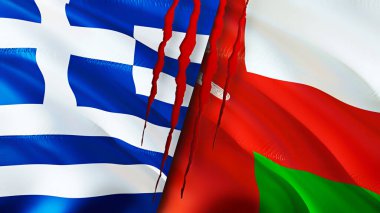 Yunanistan ve Umman yara izi kavramına sahip bayraklar. Dalgalanan bayrak, 3 boyutlu görüntüleme. Yunanistan ve Umman çatışma konsepti. Yunanistan Umman ilişkileri kavramı. Yunanistan bayrağı ve Umman krizi, savaş, saldırı konsepti