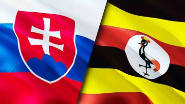 Slovakya ve Uganda bayrakları. 3 boyutlu dalgalanan bayrak tasarımı. Slovakya Uganda bayrağı, resim, duvar kağıdı. Slovakya, Uganda görüntüsüne karşı, 3D görüntüleme. Slovakya Uganda ilişkileri ittifak ve ticaret, seyahat, turizm konsepti