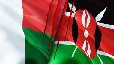 Madagaskar ve Kenya bayraklarında yara izi var. Dalgalanan bayrak, 3 boyutlu görüntüleme. Madagaskar ve Kenya çatışma konsepti. Madagaskar Kenya ilişkileri kavramı. Madagaskar bayrağı ve Kenya krizi, savaş, attac