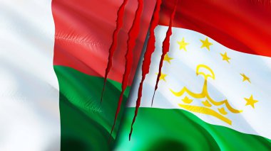 Madagaskar ve Tacikistan bayrakları yara izi konseptiyle. Dalgalanan bayrak, 3 boyutlu görüntüleme. Madagaskar ve Tacikistan çatışma konsepti. Madagaskar Tacikistan ilişkileri kavramı. Madagaskar ve Tacikista bayrağı